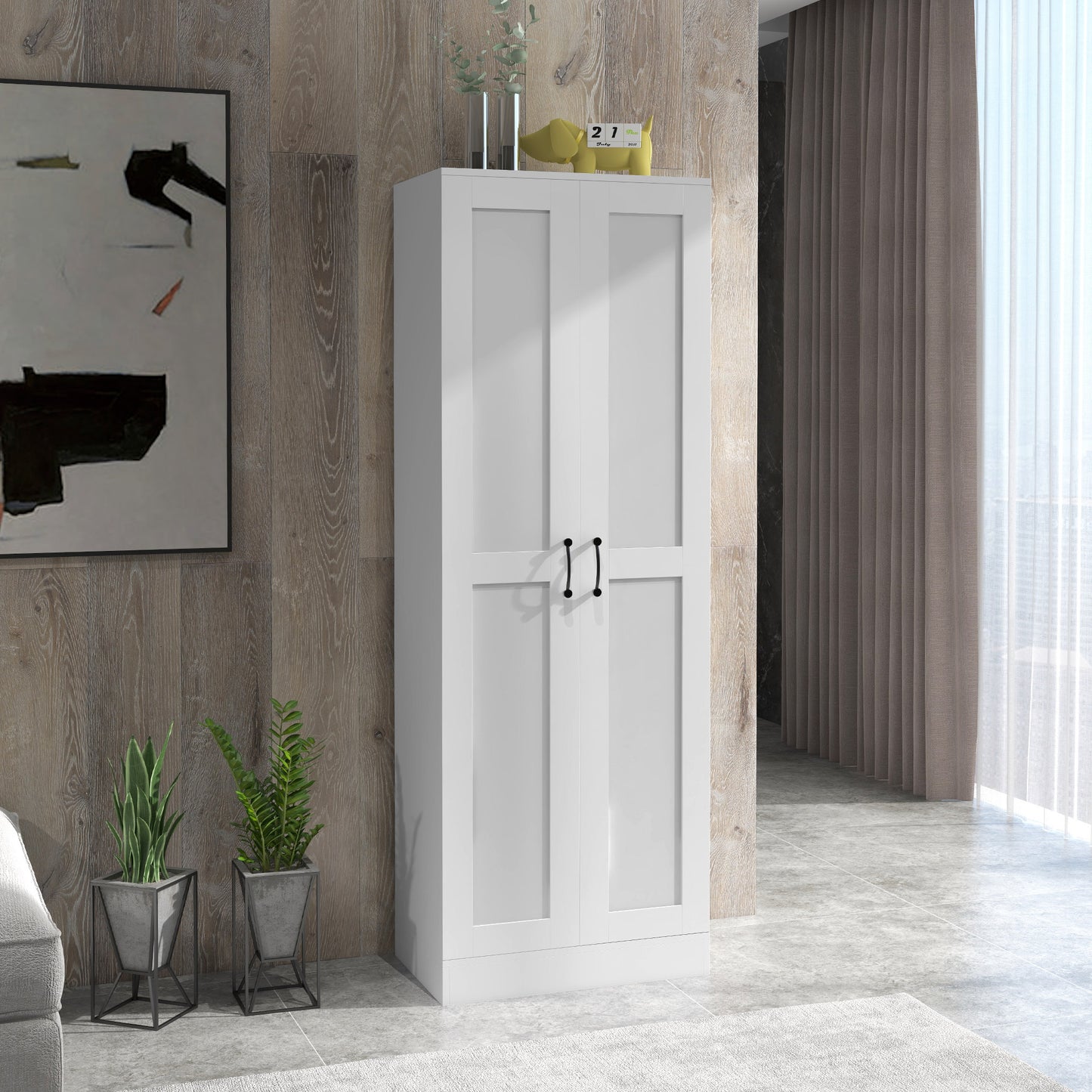 White Storage Cabinet with Adjustable Shelves and Tall Design, for Kitchen Storage